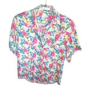 Vintage 90's Naked Silk Button up Shirt L 100% Silk Floral Bold Boho